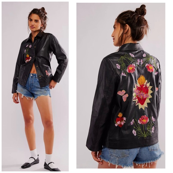 FREE PEOPLE Denim and Bone JULIETTE EMBROIDERED 100% LEATHER  BLACK JACKET - Picture 1 of 16